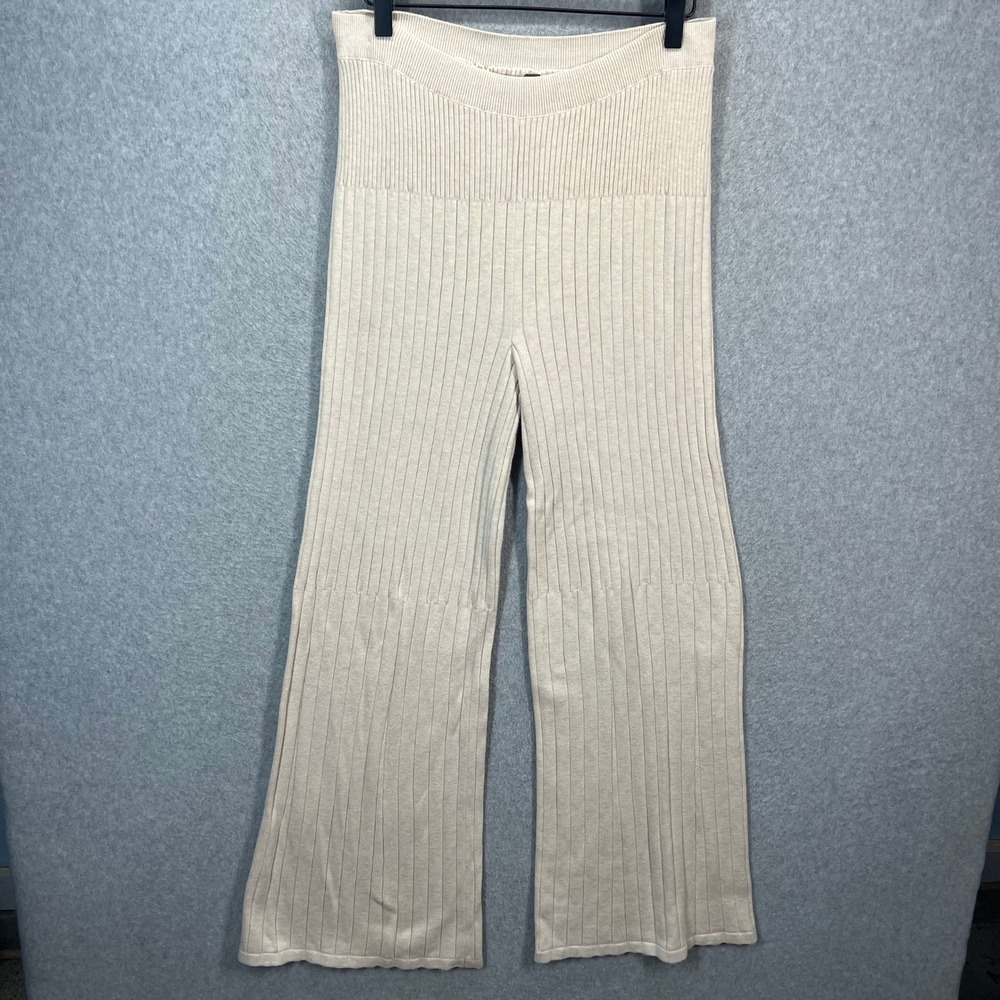 Free People Ribbed Knit Pants Women M Beige Wide Leg High Rise Stretch EUC - Picture 1 of 11